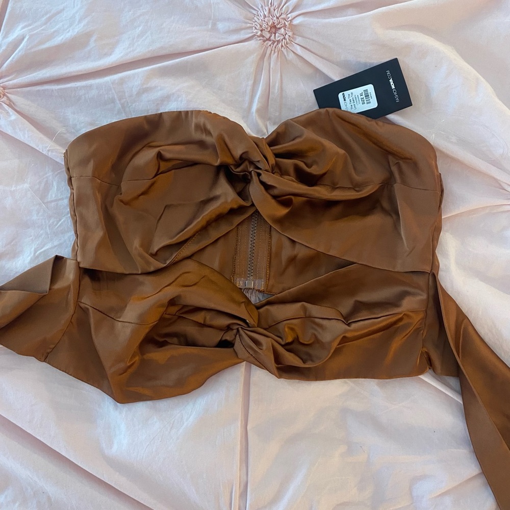Satin strapless crop top with black tie detail